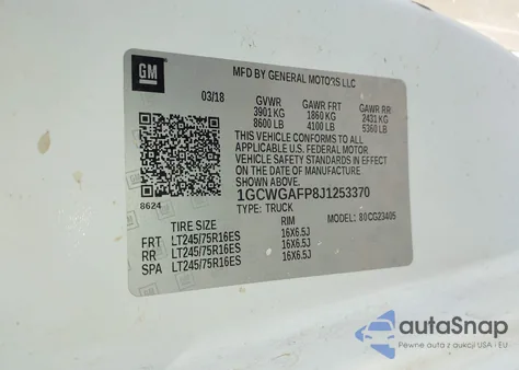 2018 Chevrolet Express 2500 Work Van из США, поврежденный, VIN 1GCWGAFP8J1253370